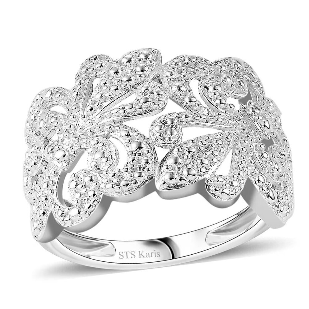 White Diamond Accent Fleur De Lis Ring in Platinum Bond over Brass